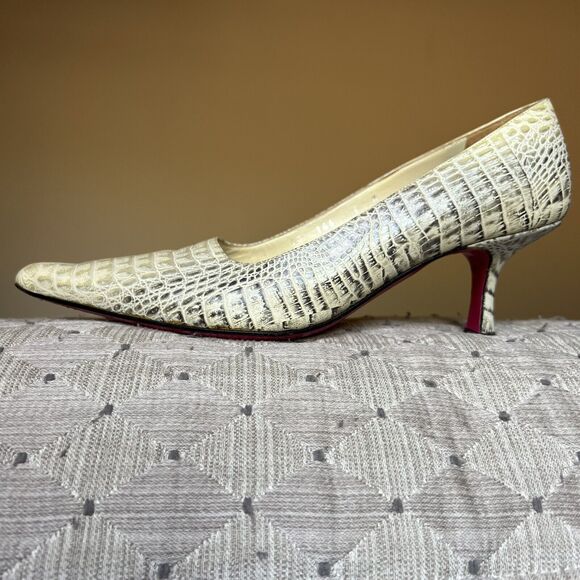 Emanuel Urgaro Paris Embossed Snakeskin Cream Taupe Leather Pumps Pointy Women 8 - Picture 2 of 16